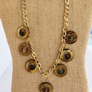Hand Crafted Necklace Shells Stones Brown Green Chain Charm